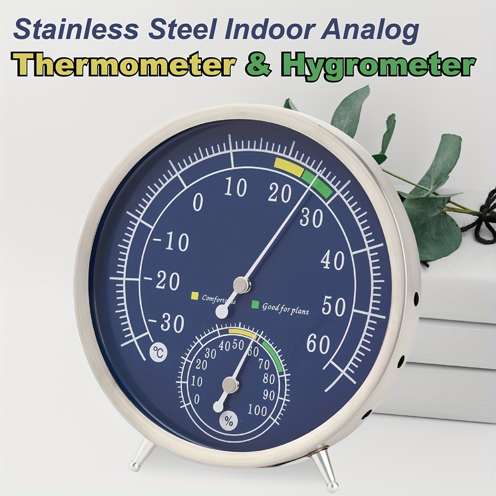 KT THERMO Premium Stainless Steel Indoor Thermo-Hygrometer – Analog Temperature & Humidity Monitor with Non-Skid Base (No Battery Needed)