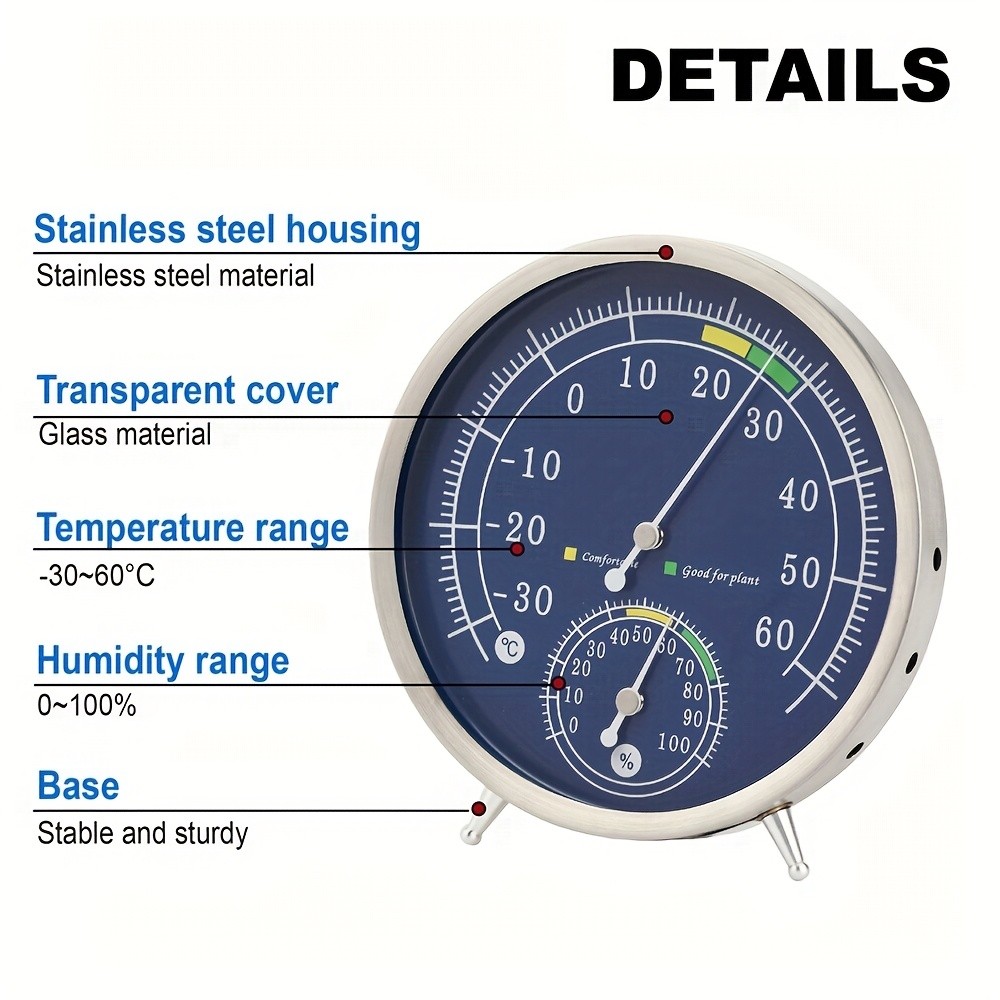 KT THERMO Premium Stainless Steel Indoor Thermo-Hygrometer – Analog Temperature & Humidity Monitor with Non-Skid Base (No Battery Needed)