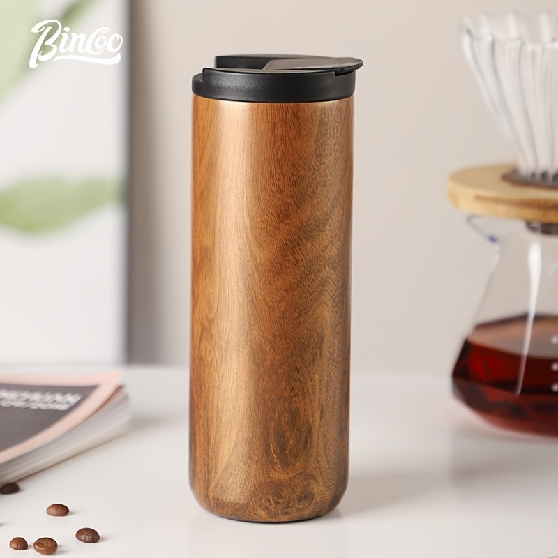 Bincoo Wood-Grain Vacuum Insulated Coffee Mug – Double-Wall Stainless Steel Portable Tumbler with Hanging Earl Design