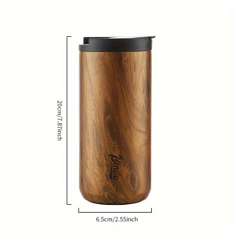 Bincoo Wood-Grain Vacuum Insulated Coffee Mug – Double-Wall Stainless Steel Portable Tumbler with Hanging Earl Design