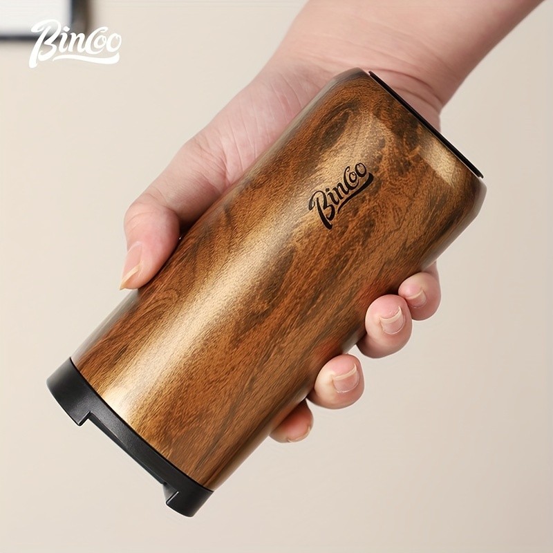 Bincoo Wood-Grain Vacuum Insulated Coffee Mug – Double-Wall Stainless Steel Portable Tumbler with Hanging Earl Design