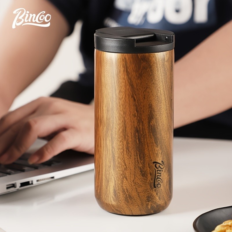 Bincoo Wood-Grain Vacuum Insulated Coffee Mug – Double-Wall Stainless Steel Portable Tumbler with Hanging Earl Design