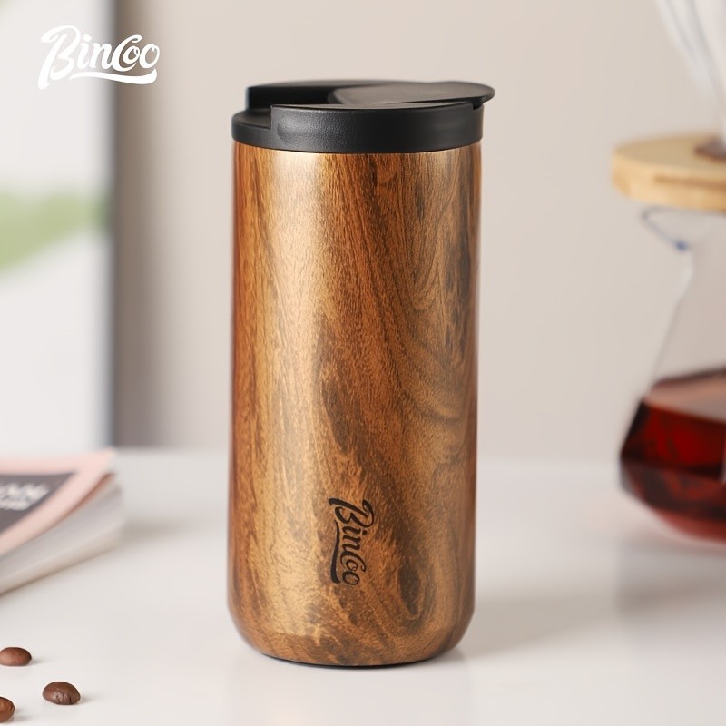Bincoo Wood-Grain Vacuum Insulated Coffee Mug – Double-Wall Stainless Steel Portable Tumbler with Hanging Earl Design