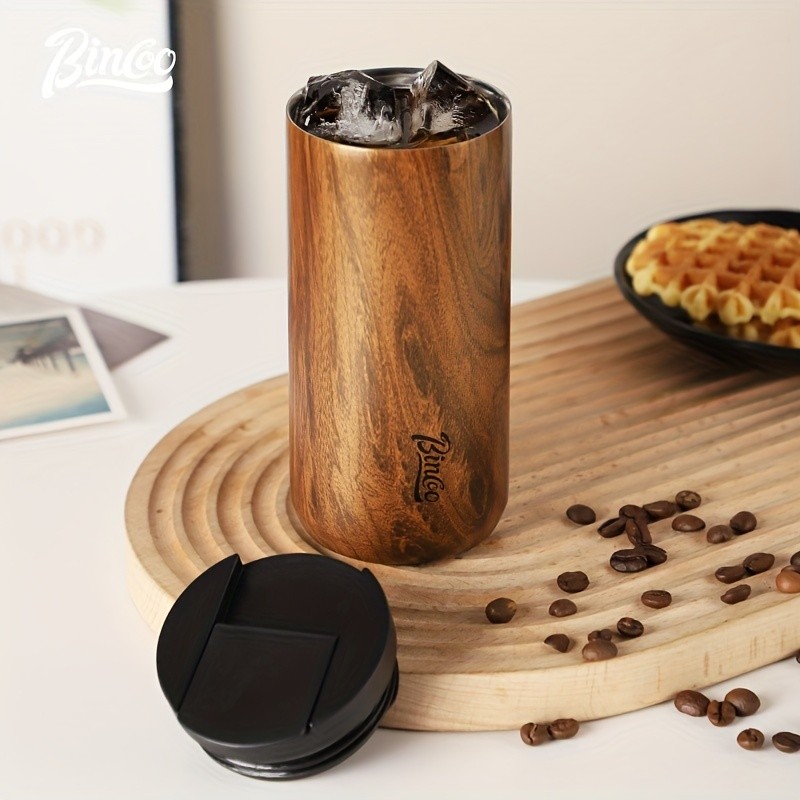 Bincoo Wood-Grain Vacuum Insulated Coffee Mug – Double-Wall Stainless Steel Portable Tumbler with Hanging Earl Design