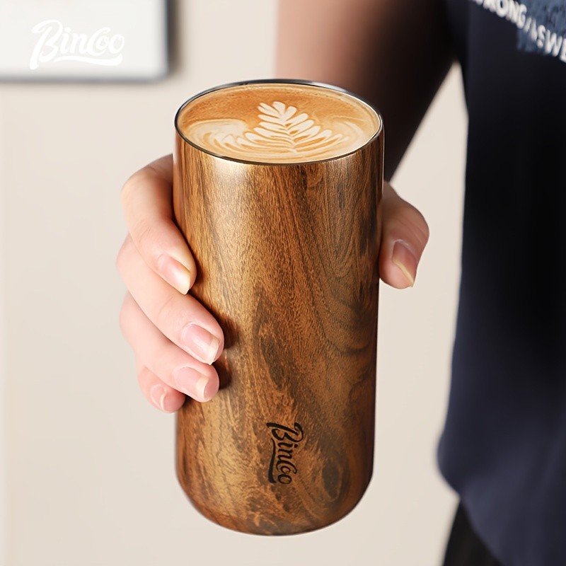Bincoo Wood-Grain Vacuum Insulated Coffee Mug – Double-Wall Stainless Steel Portable Tumbler with Hanging Earl Design