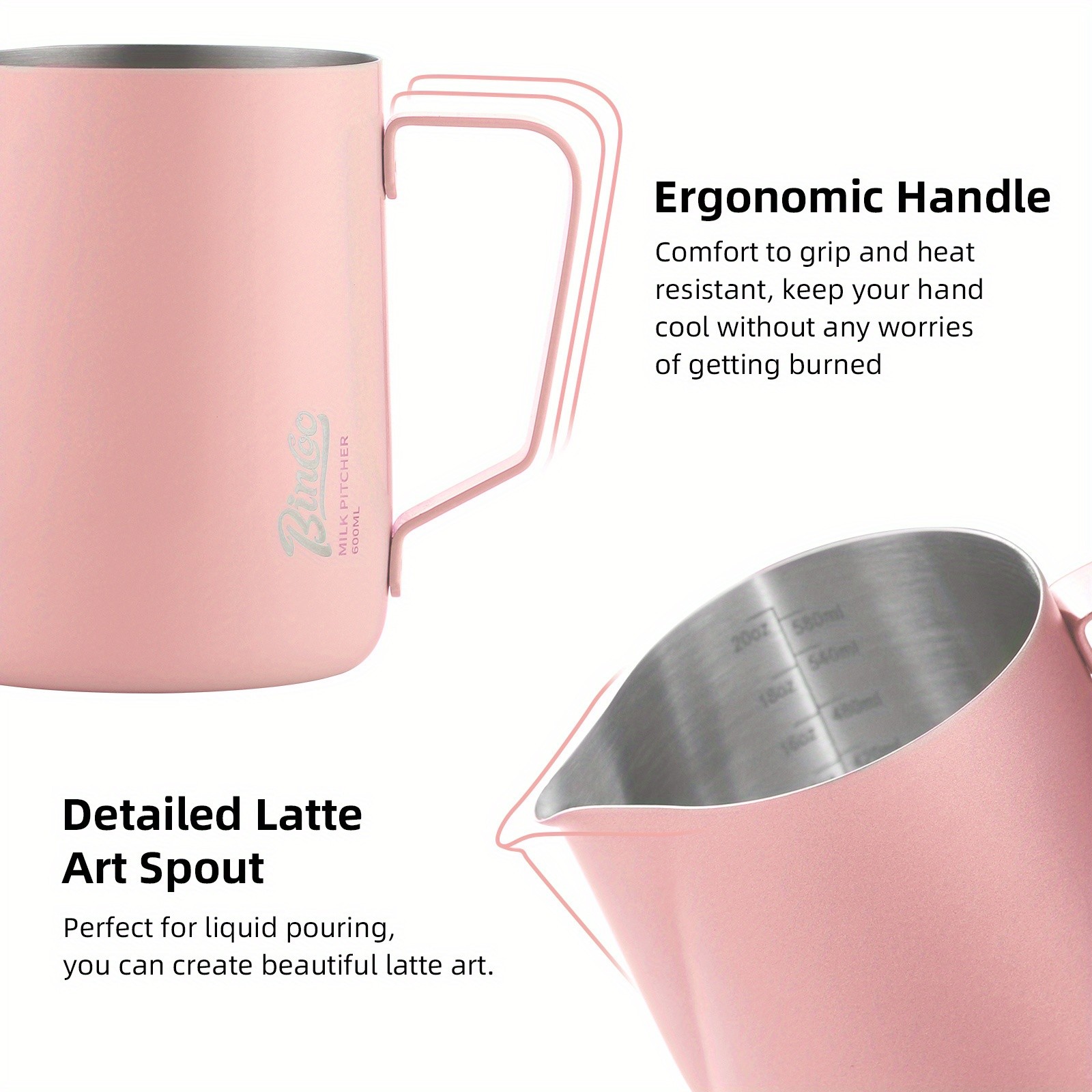 Bincoo Stainless Steel Latte Art Frothing Pitcher Set – 350ml & 600ml Pointed-Spout Steam Jugs for Barista-Quality Milk Texturing