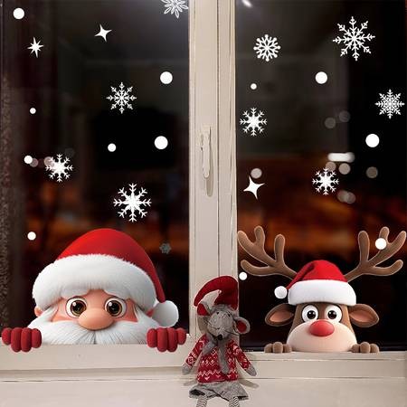 2 Sheets Cute Christmas Window Clings – Santa, Reindeer & Snowflakes (Reusable Static Stickers)