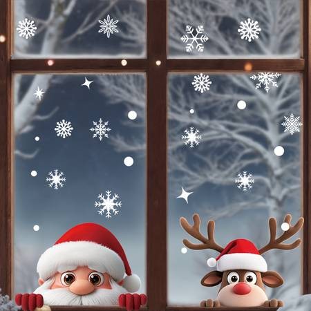 2 Sheets Cute Christmas Window Clings – Santa, Reindeer & Snowflakes (Reusable Static Stickers)