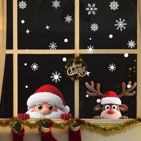 2 Sheets Cute Christmas Window Clings – Santa, Reindeer & Snowflakes (Reusable Static Stickers)