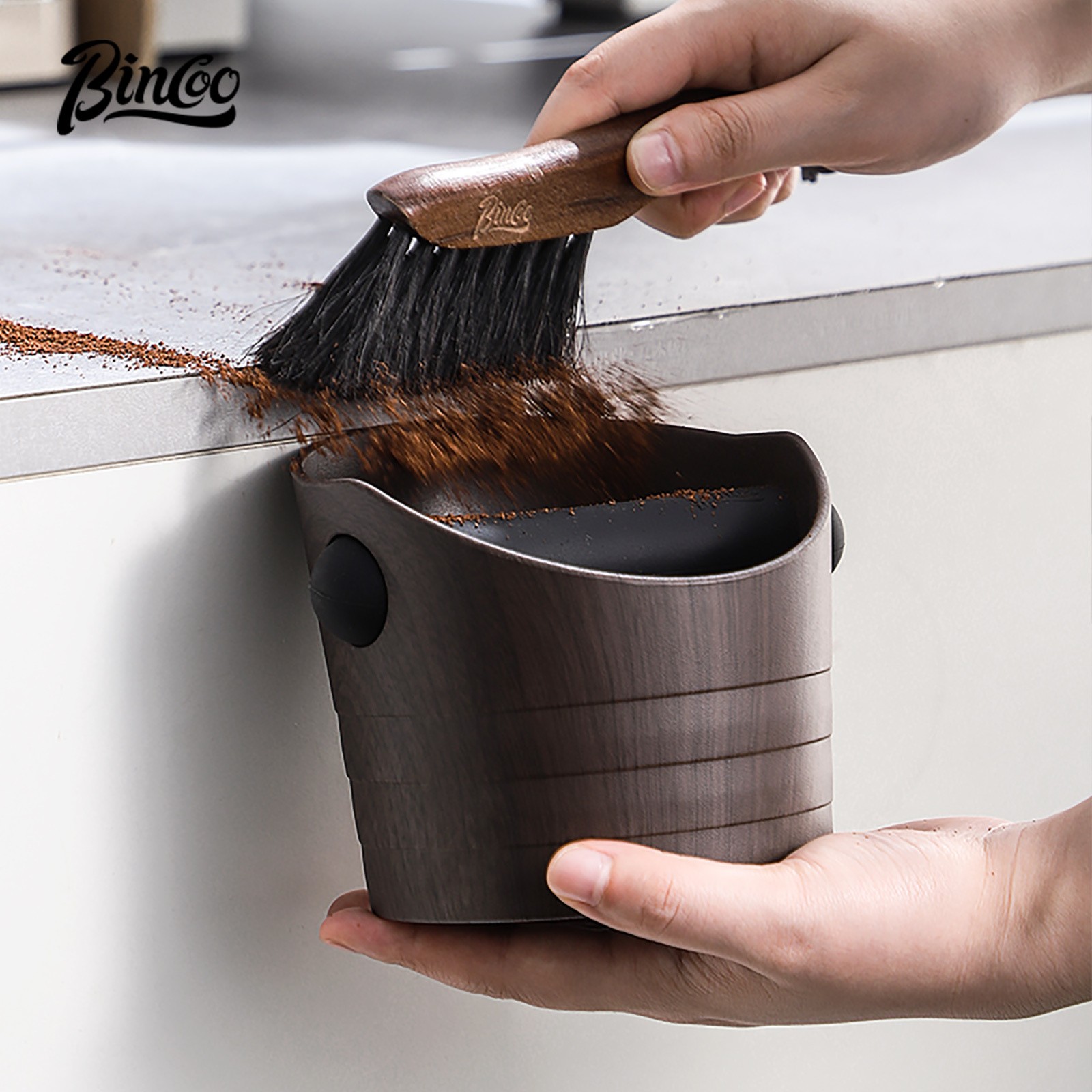 Bincoo Wood Grain Coffee Sludge Bucket – Italian-Style ABS Knock Powder Container for Clean, Easy Waste Storage