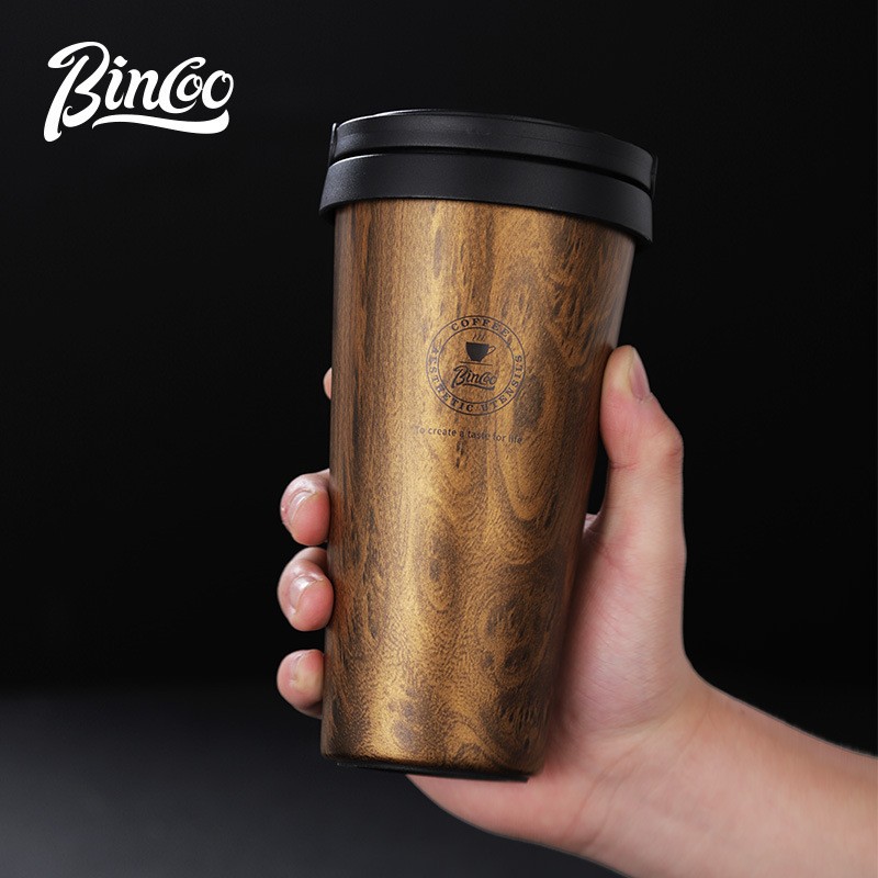 Bincoo Wood Grain Insulated Coffee Mug – Stainless Steel Leakproof Travel Tumbler