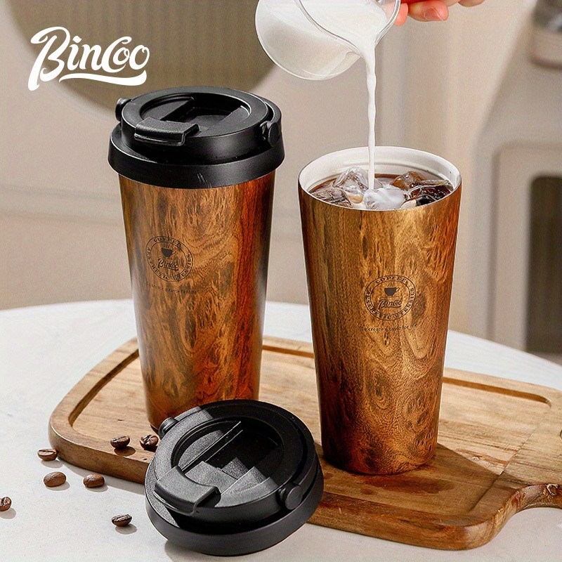 Bincoo Wood Grain Insulated Coffee Mug – Stainless Steel Leakproof Travel Tumbler