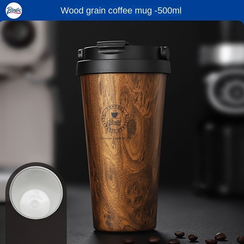 Bincoo Wood Grain Insulated Coffee Mug – Stainless Steel Leakproof Travel Tumbler