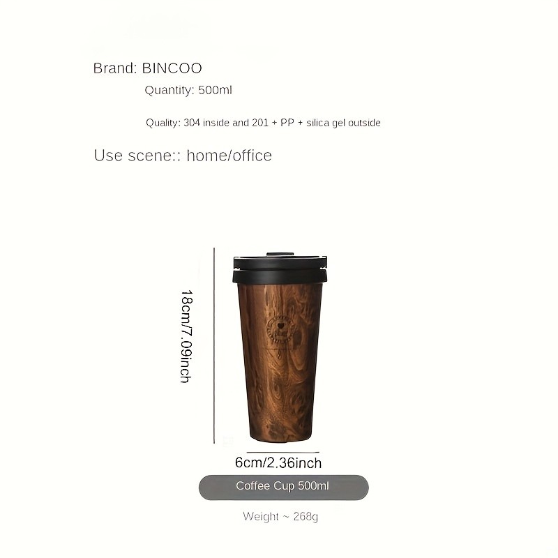 Bincoo Wood Grain Insulated Coffee Mug – Stainless Steel Leakproof Travel Tumbler