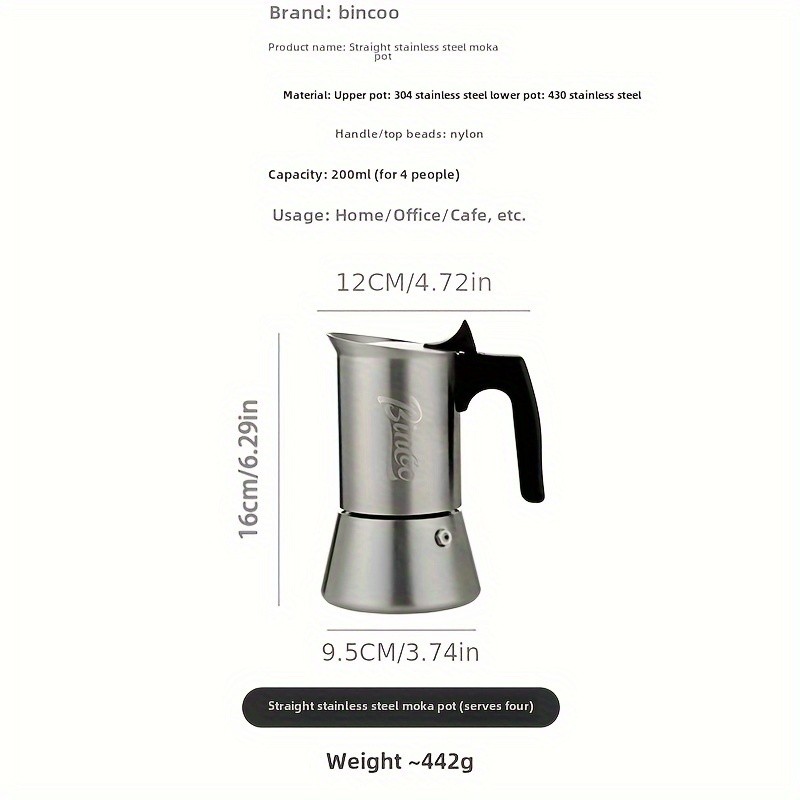 Bincoo Stainless Steel Moka Pot – Single Valve Espresso Maker for Home Brewing