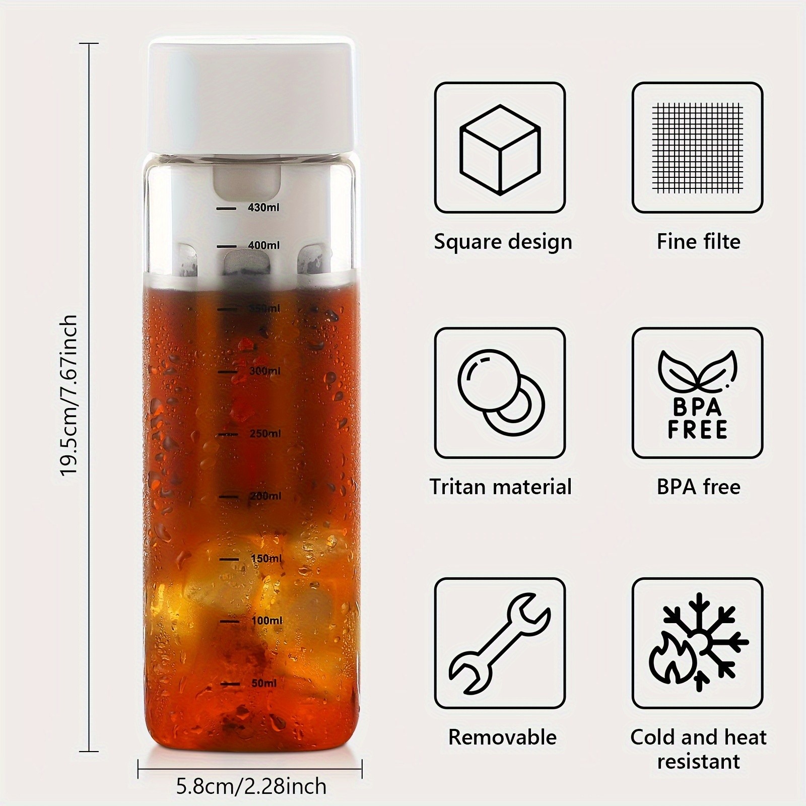 Bincoo Tritan Square Cold Brew Cup – Reusable Filter Coffee Thermos