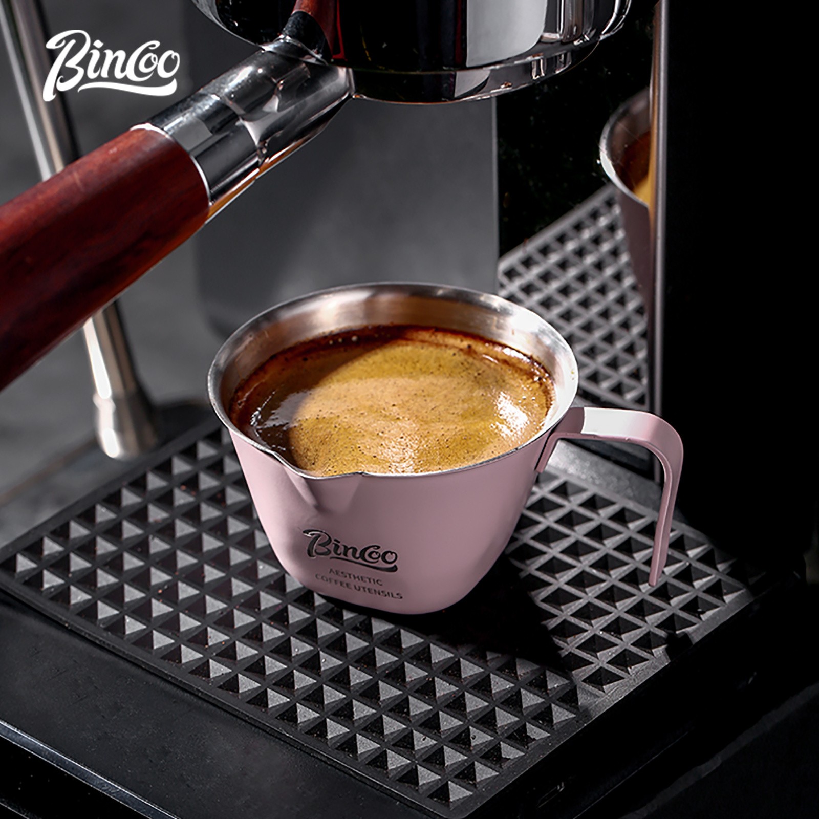 Bincoo Pink Stainless Espresso Measuring Cup – 100ml Extraction Cup with Handle