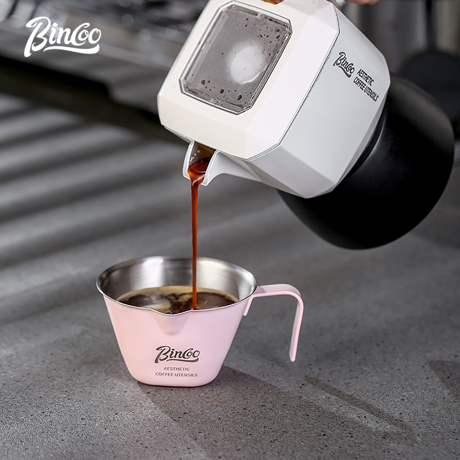 Bincoo Pink Stainless Espresso Measuring Cup – 100ml Extraction Cup with Handle