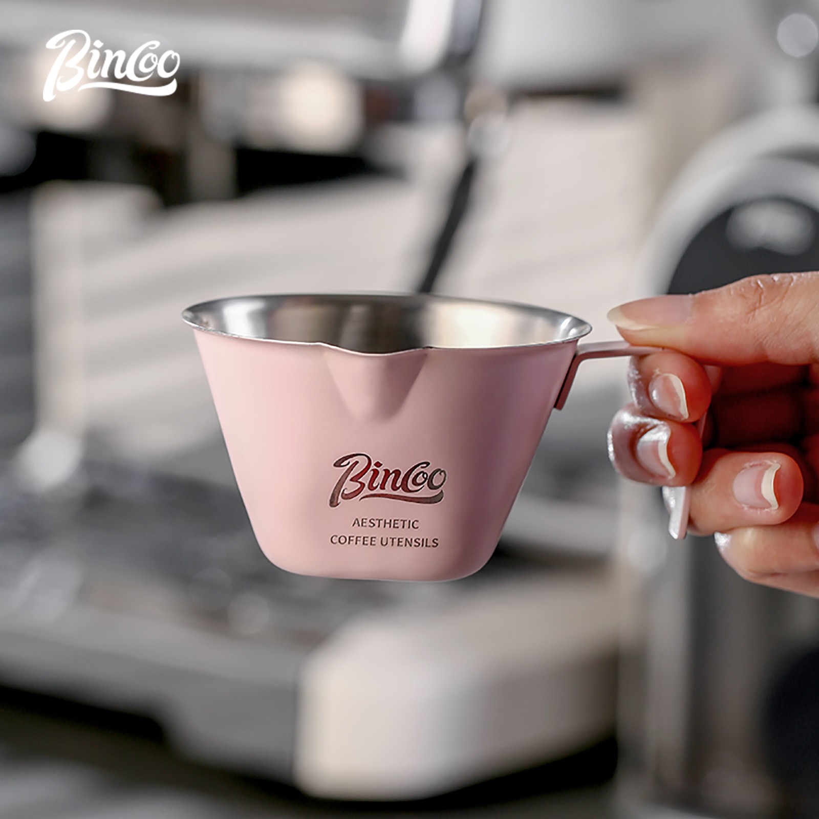 Bincoo Pink Stainless Espresso Measuring Cup – 100ml Extraction Cup with Handle
