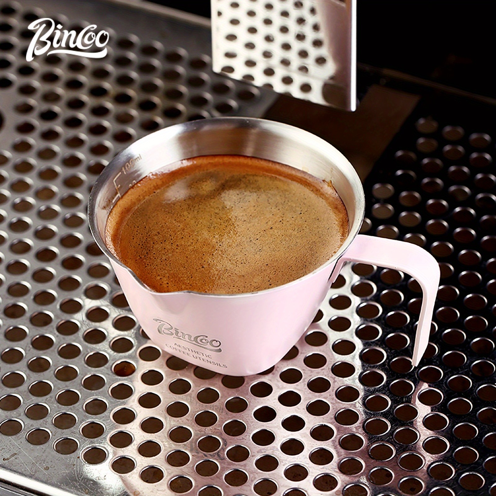 Bincoo Pink Stainless Espresso Measuring Cup – 100ml Extraction Cup with Handle