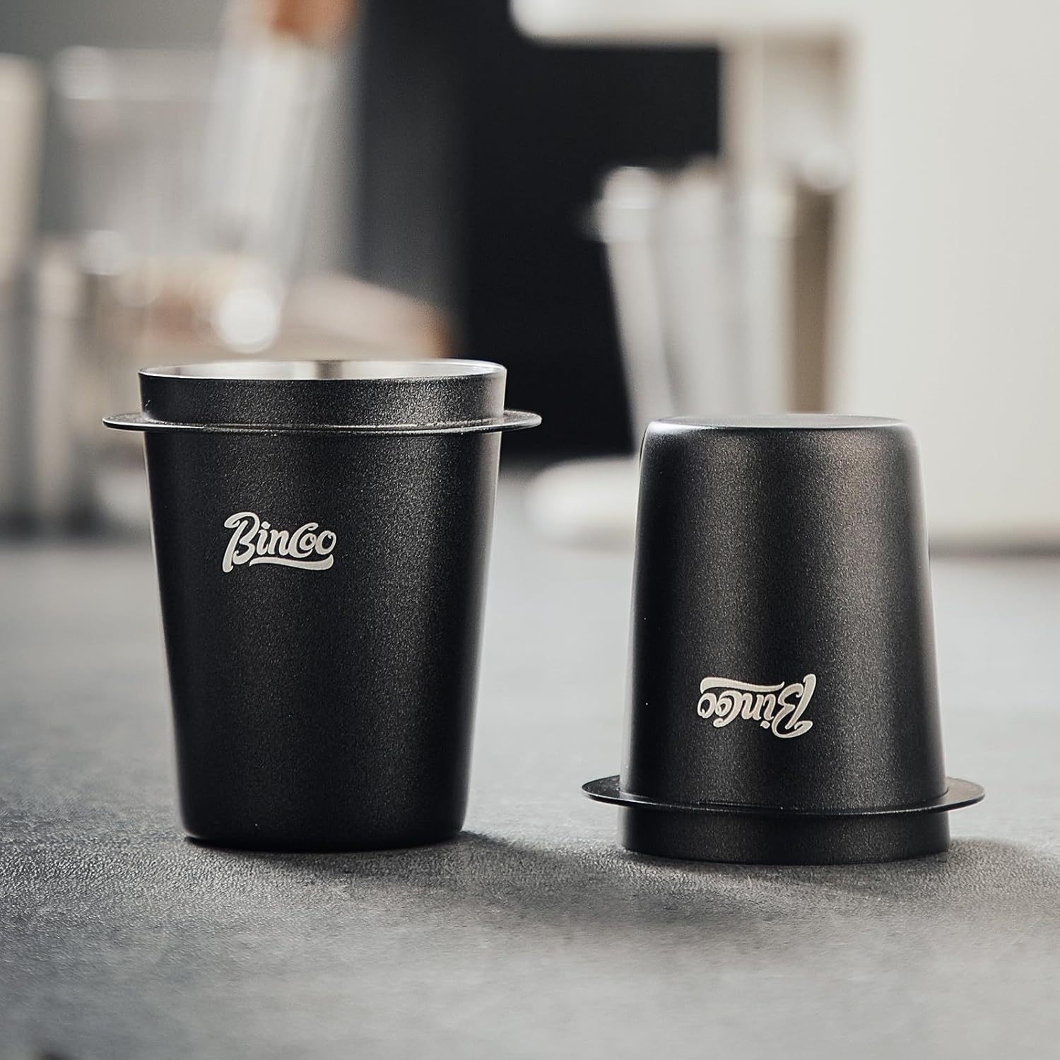 Bincoo 58mm Stainless Steel Dosing Cup – Precision Coffee Measuring Tool with Black Cap