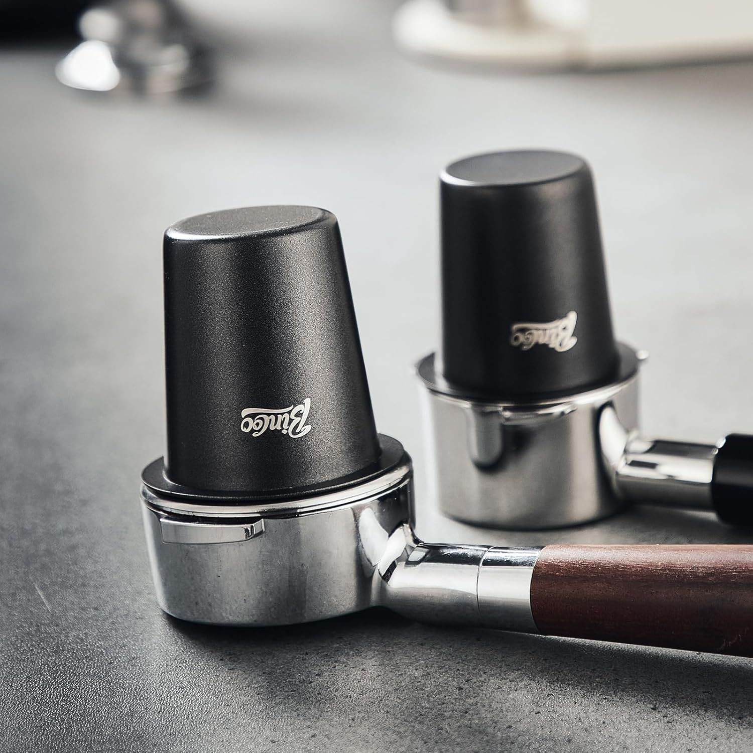 Bincoo 58mm Stainless Steel Dosing Cup – Precision Coffee Measuring Tool with Black Cap