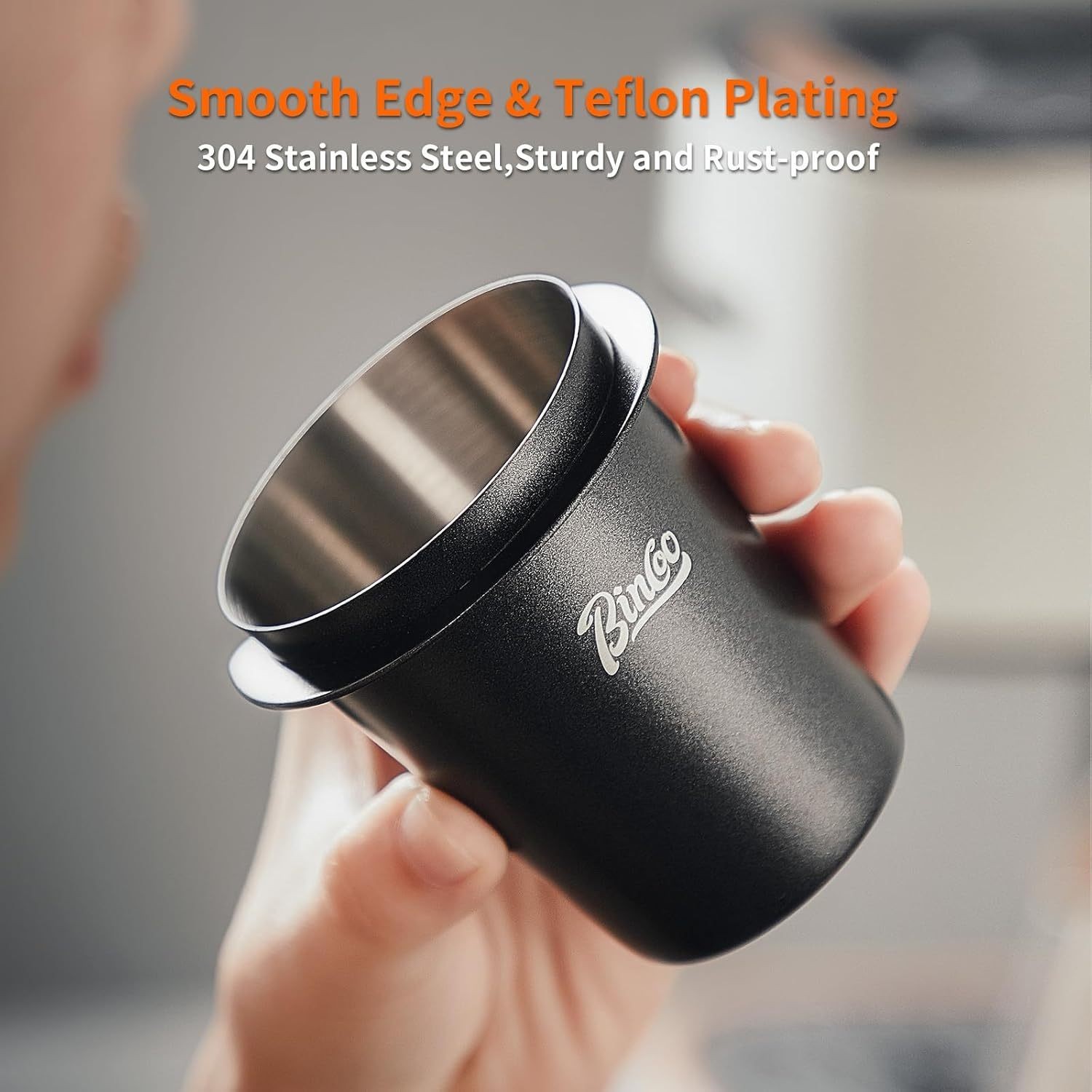 Bincoo 58mm Stainless Steel Dosing Cup – Precision Coffee Measuring Tool with Black Cap