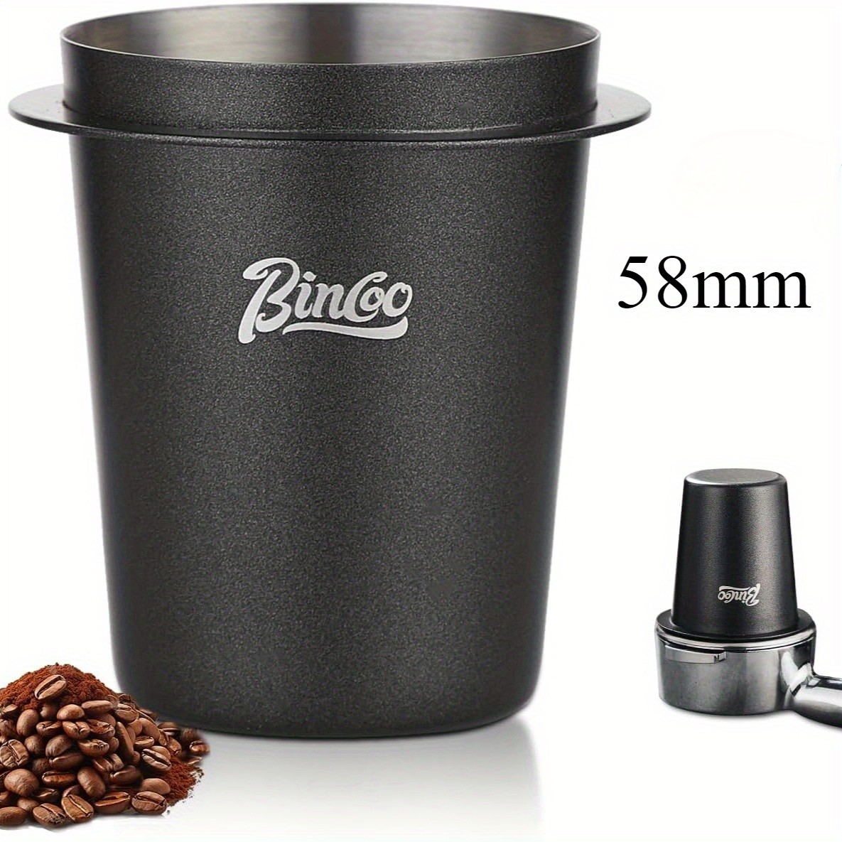 Bincoo 58mm Stainless Steel Dosing Cup – Precision Coffee Measuring Tool with Black Cap