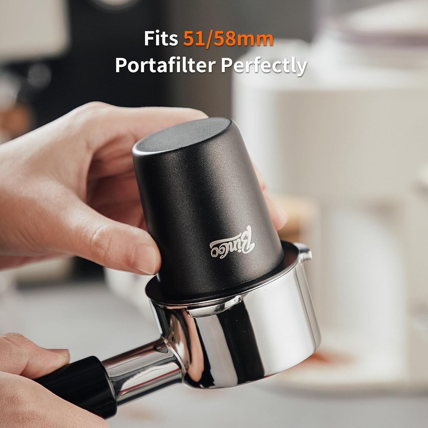 Bincoo 58mm Stainless Steel Dosing Cup – Precision Coffee Measuring Tool with Black Cap