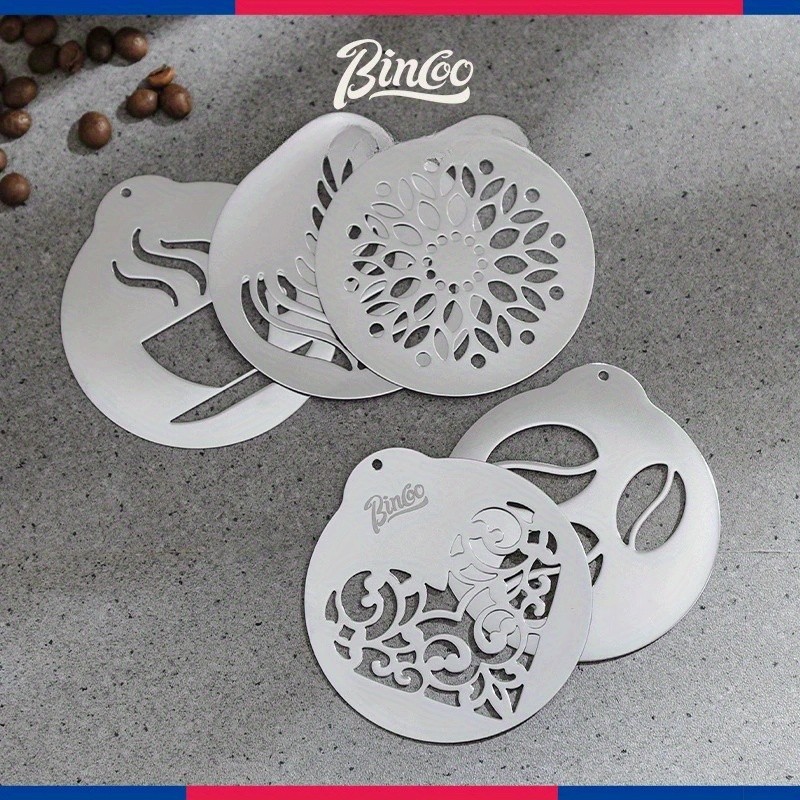 Bincoo Stainless Latte Art Mold Set – 5pcs Coffee Pattern Stencil Kit