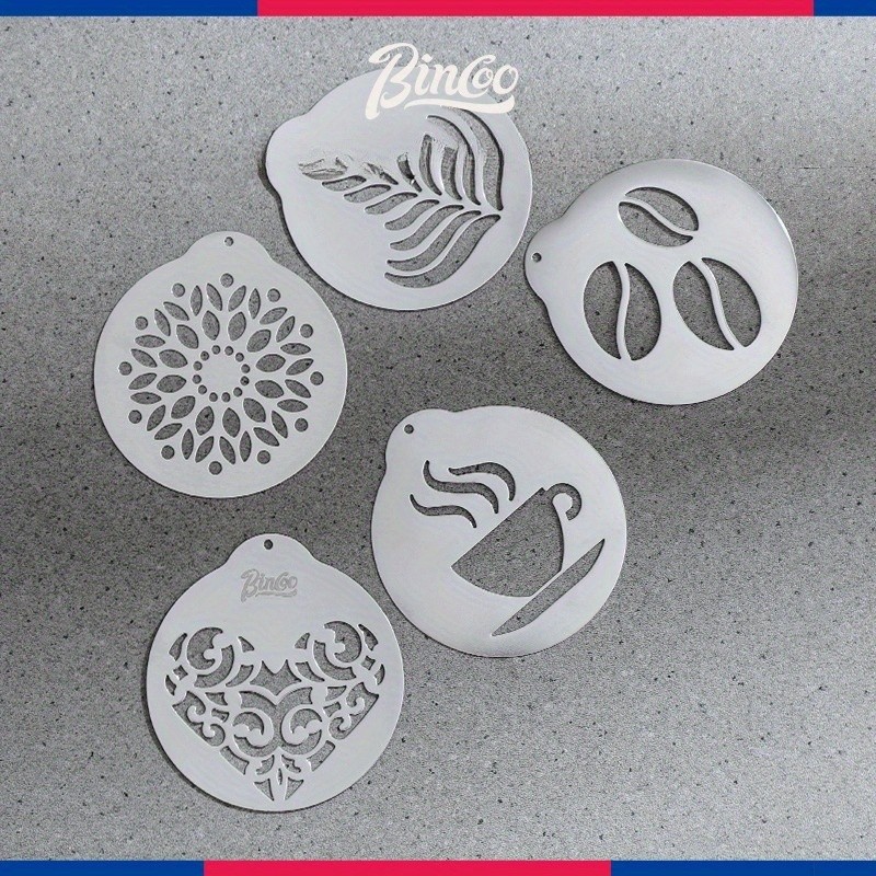 Bincoo Stainless Latte Art Mold Set – 5pcs Coffee Pattern Stencil Kit