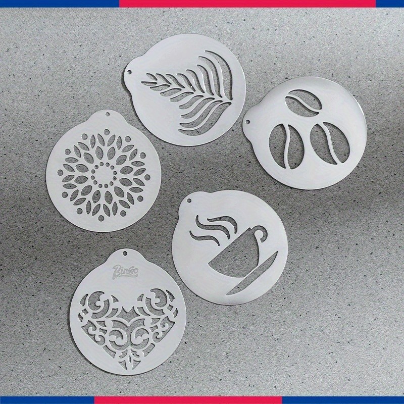 Bincoo Stainless Latte Art Mold Set – 5pcs Coffee Pattern Stencil Kit