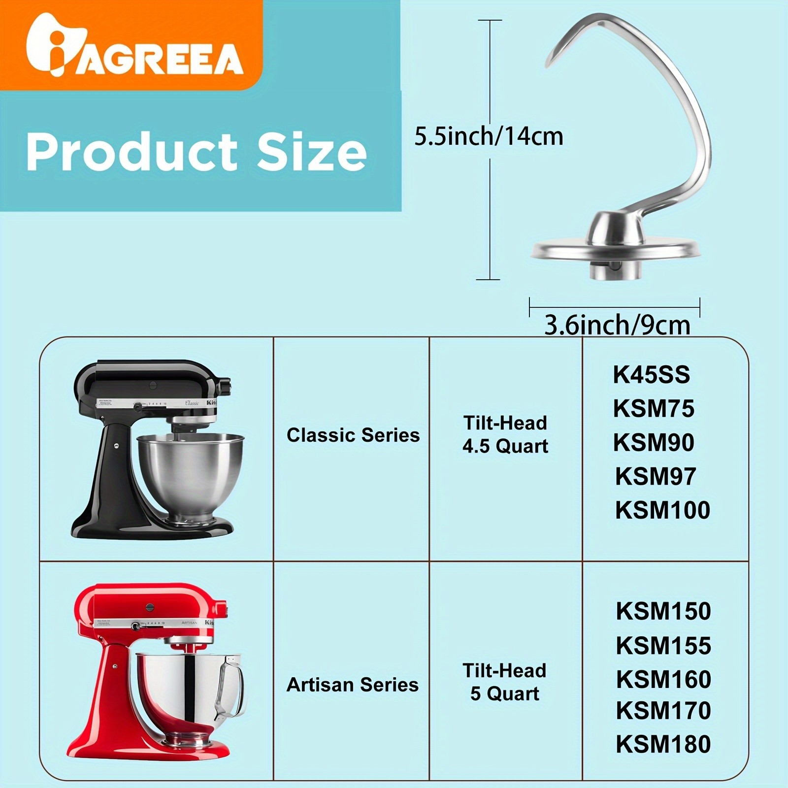 IAGREEA Stainless Spiral Dough Hook – Heavy-Duty Mixer Attachment for Bread & Pizza