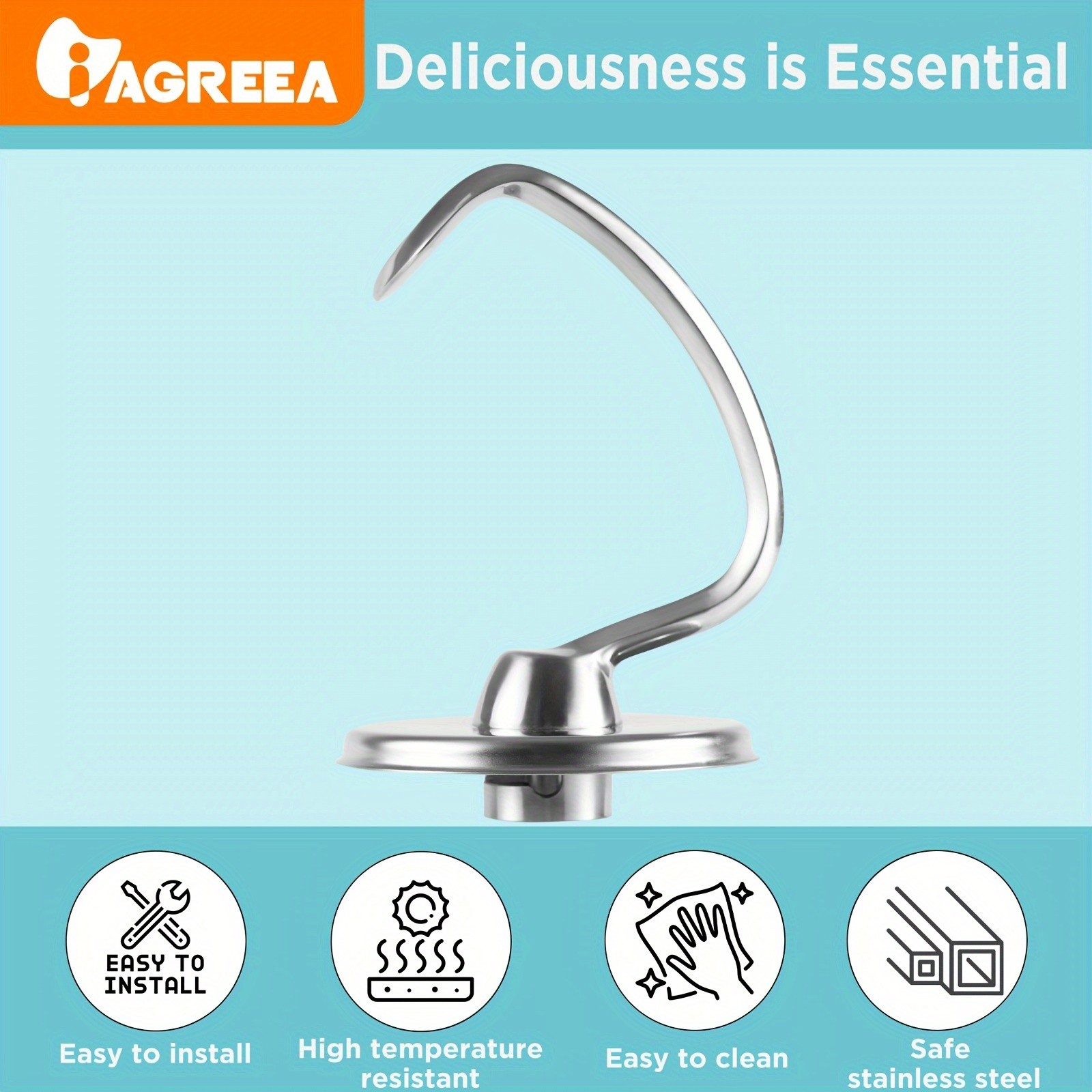 IAGREEA Stainless Spiral Dough Hook – Heavy-Duty Mixer Attachment for Bread & Pizza