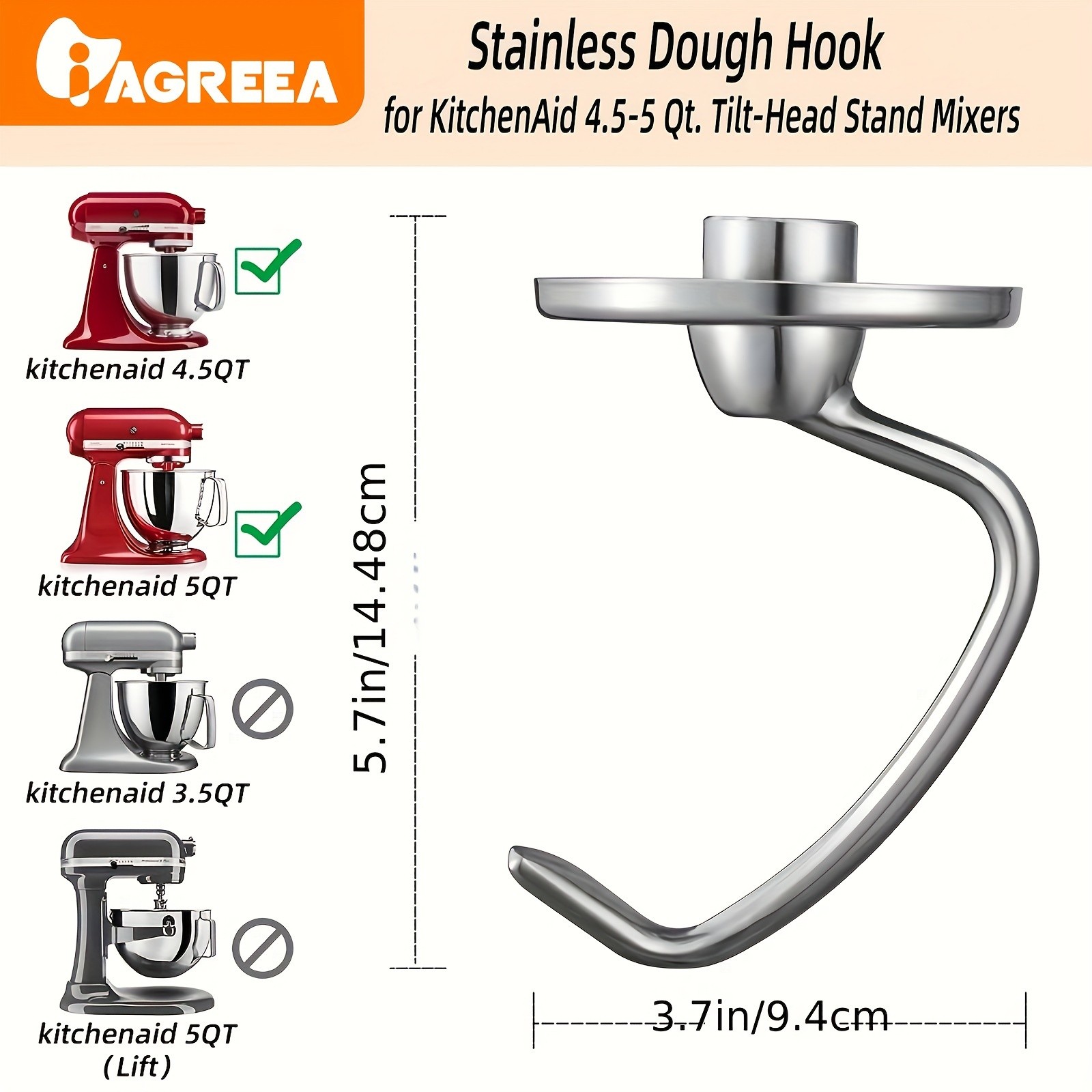 IAGREEA Stainless Spiral Dough Hook – Heavy-Duty Mixer Attachment for Bread & Pizza