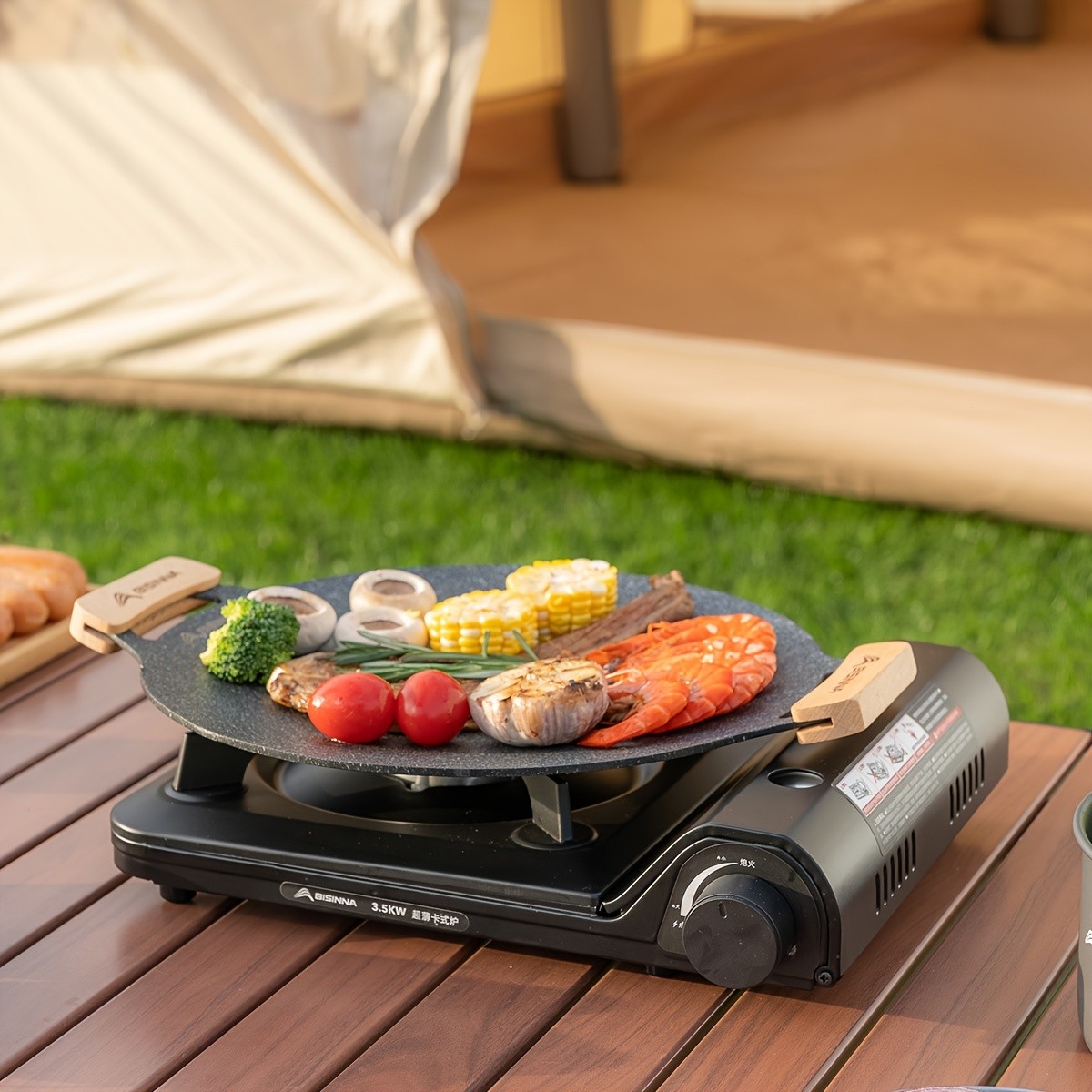 BISINNA Non-Stick Camping Frying Pan – Aluminum Alloy Outdoor Pan with Wooden Handles