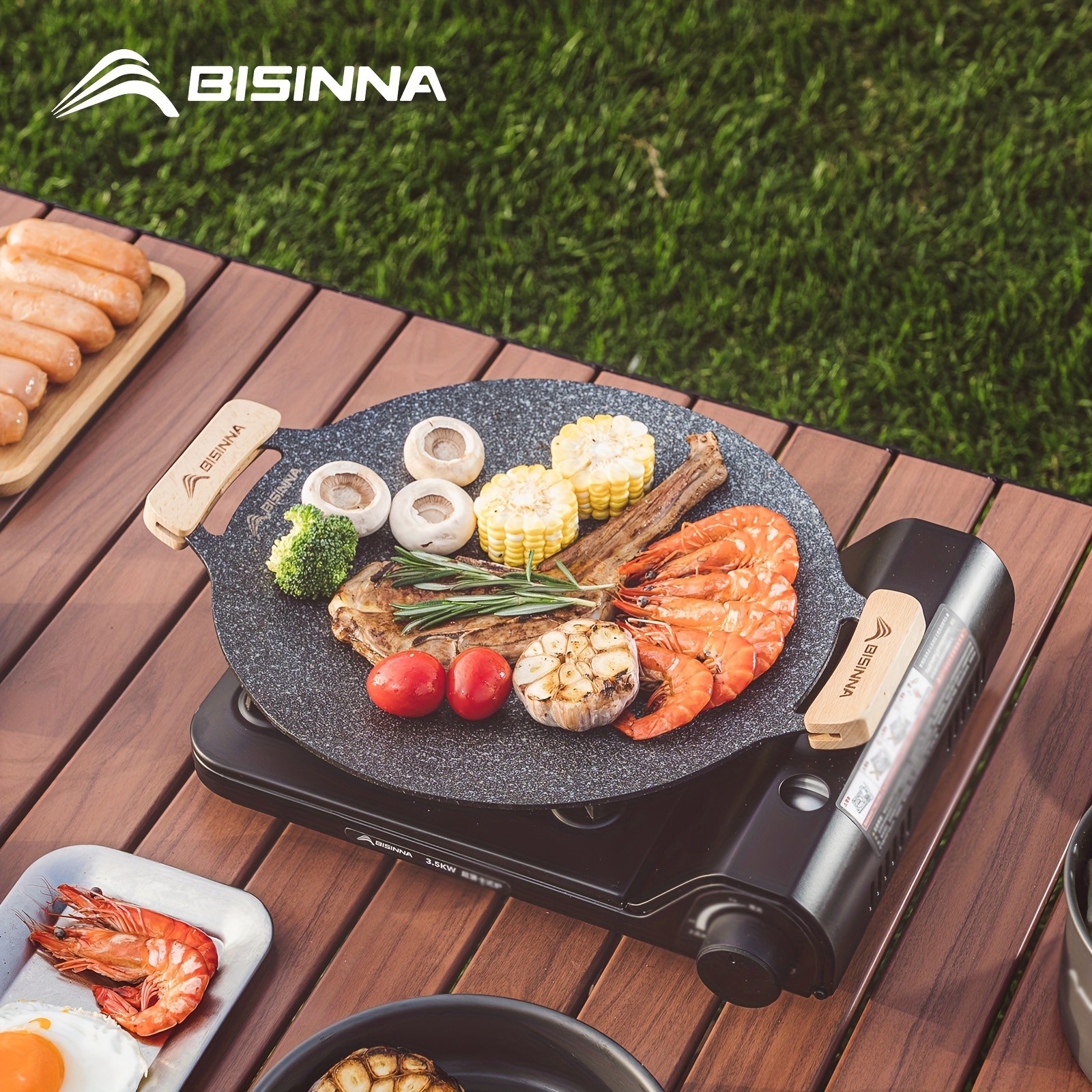 BISINNA Non-Stick Camping Frying Pan – Aluminum Alloy Outdoor Pan with Wooden Handles