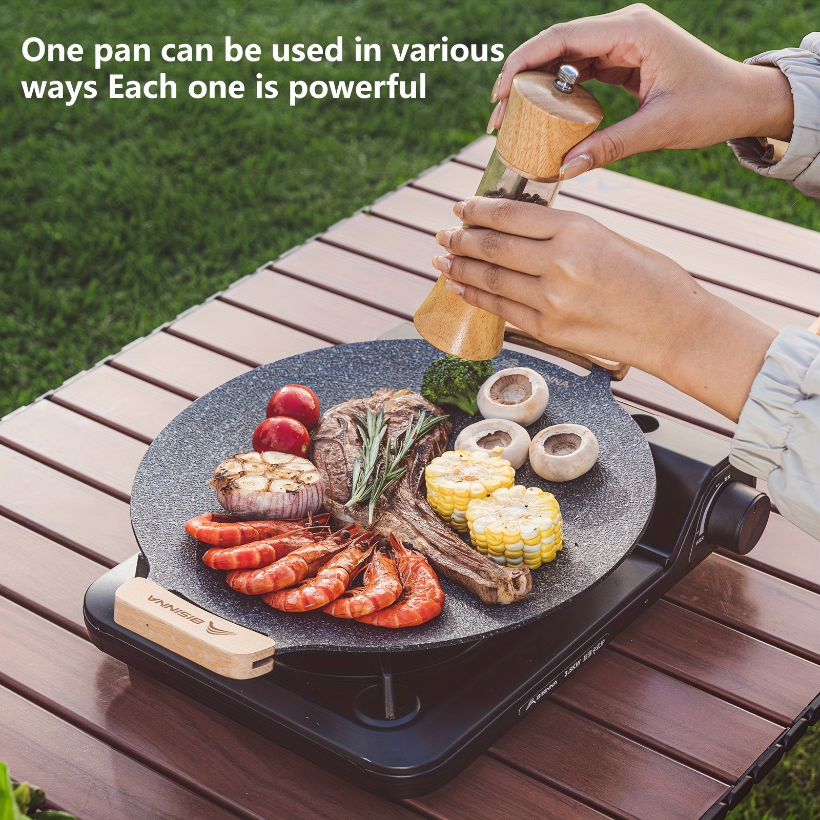 BISINNA Non-Stick Camping Frying Pan – Aluminum Alloy Outdoor Pan with Wooden Handles