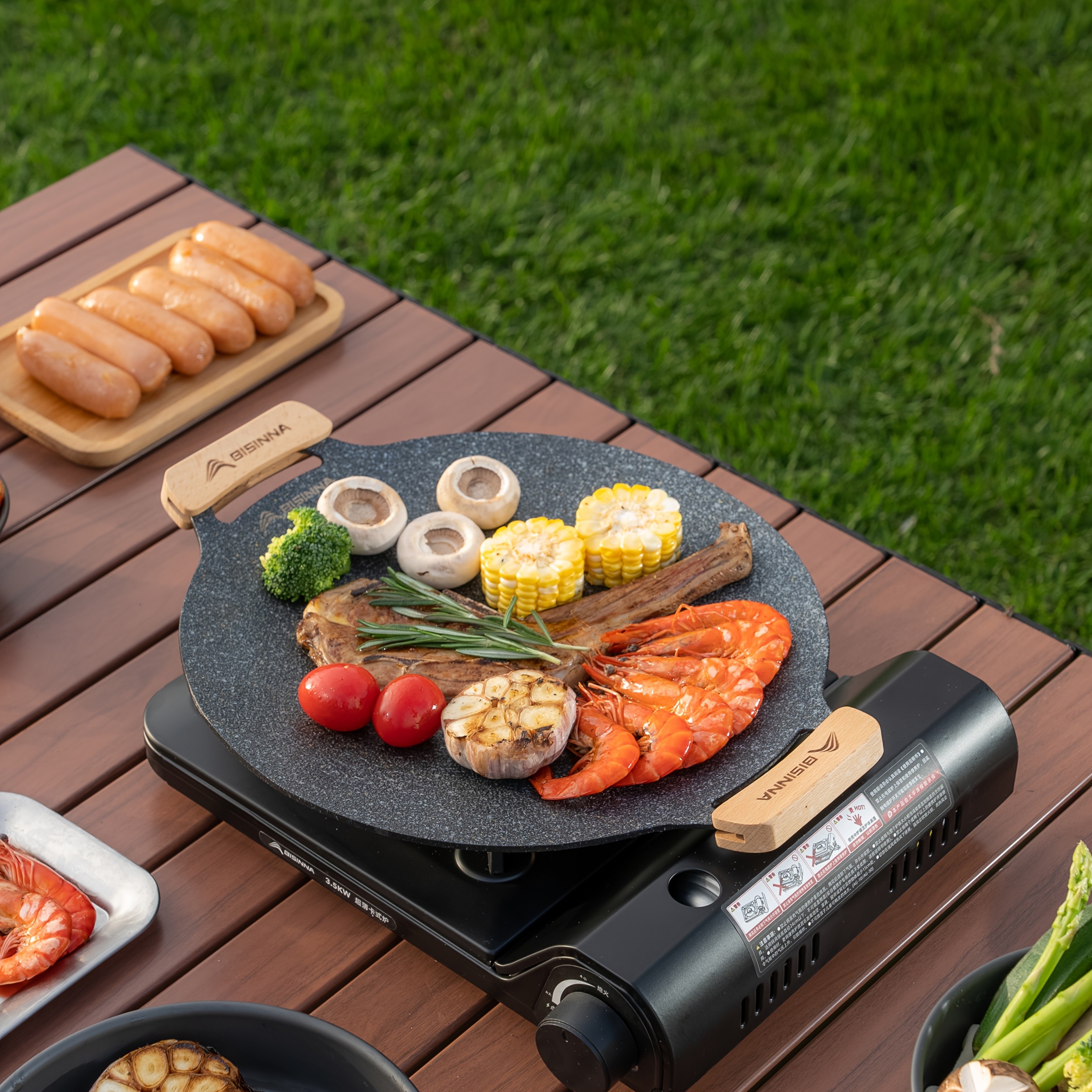 BISINNA Non-Stick Camping Frying Pan – Aluminum Alloy Outdoor Pan with Wooden Handles