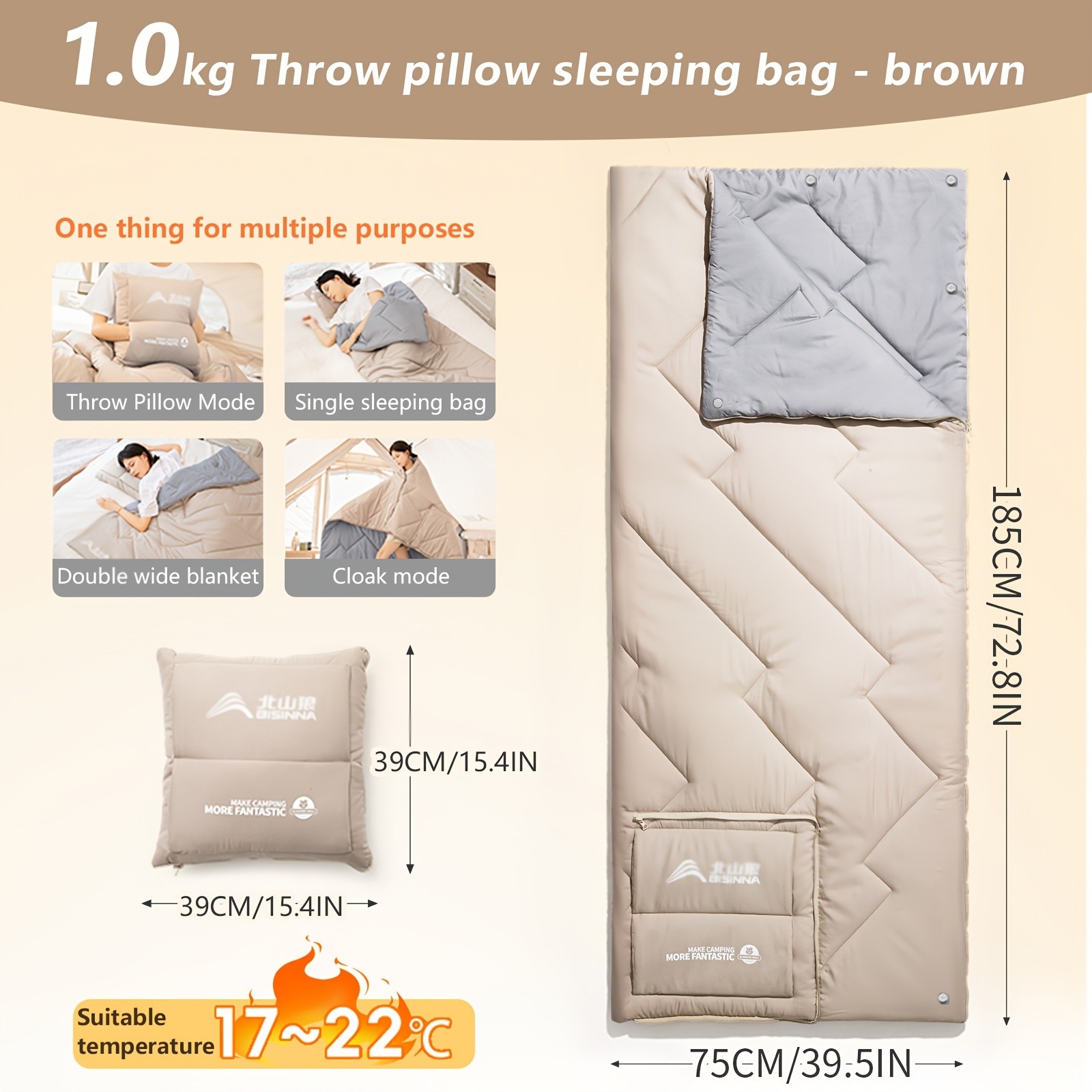 BISINNA 2-in-1 Sleeping Bag & Pillow – Lightweight Portable Polyester Travel Bag