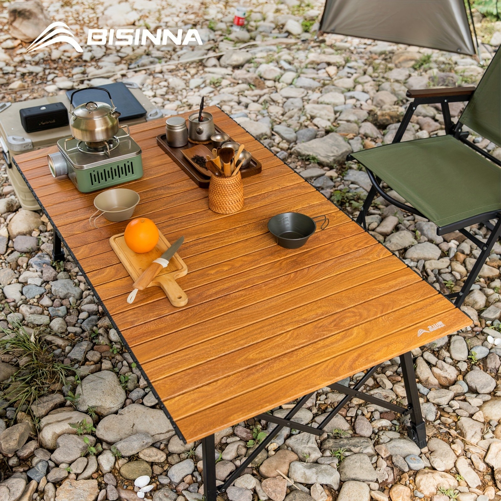 BISINNA Adjustable Aluminum Folding Table – Minimalist Rollable Outdoor Camp Table (Brown)