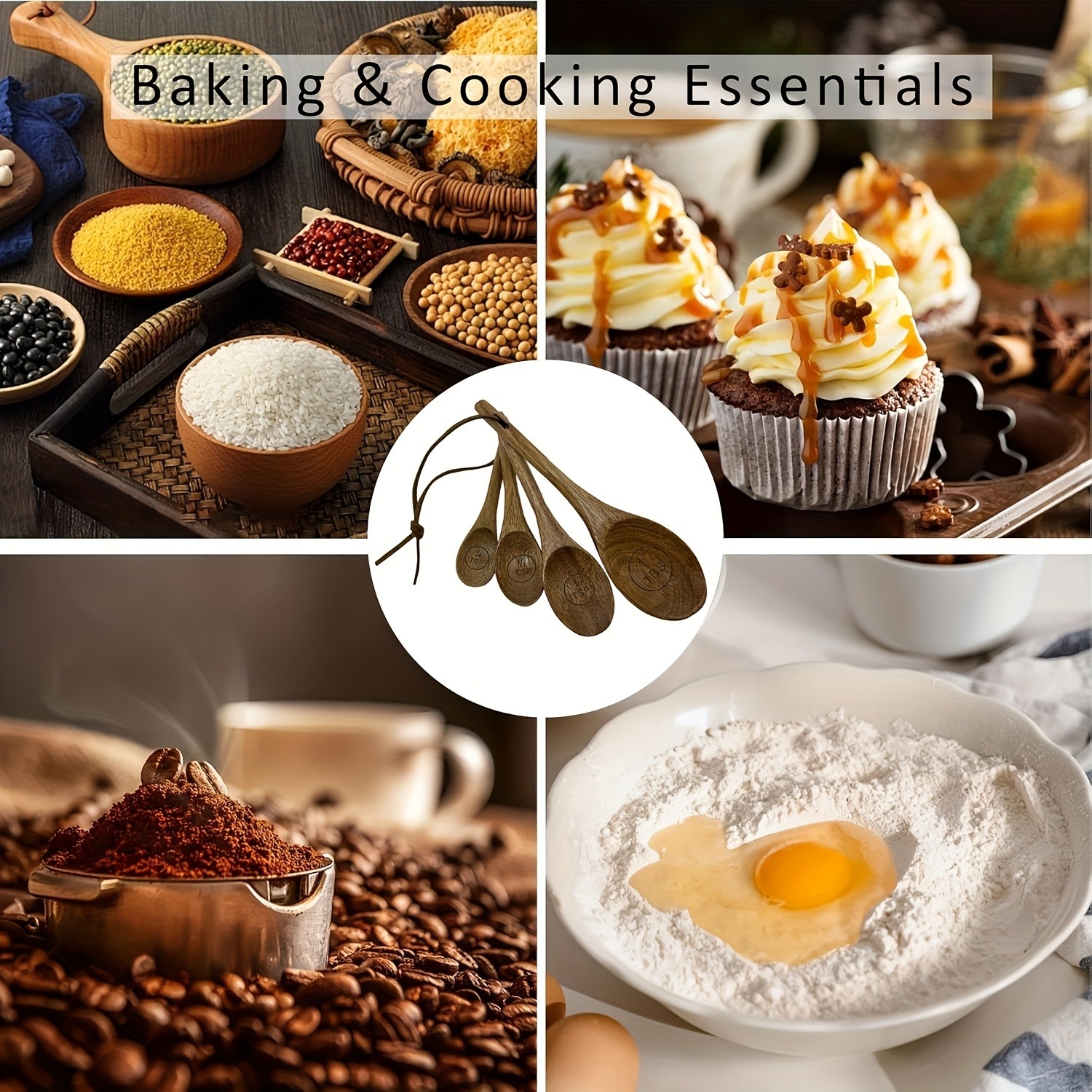 WIEZ Natural Wooden Measuring Spoon Set – 4-Piece Multi-Use Scoops for Baking, Cooking, Coffee & Spices