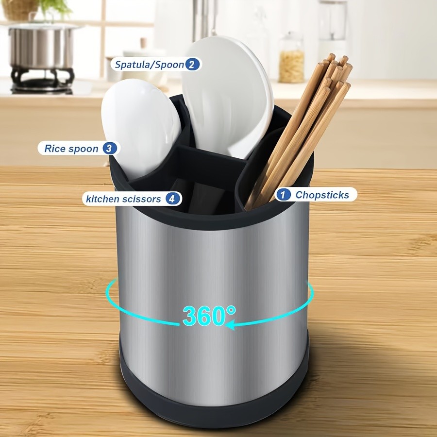 WIEZ Rotating Stainless Steel Utensil Holder – 360° Cutlery & Tool Organiser with Drainage and Dividers