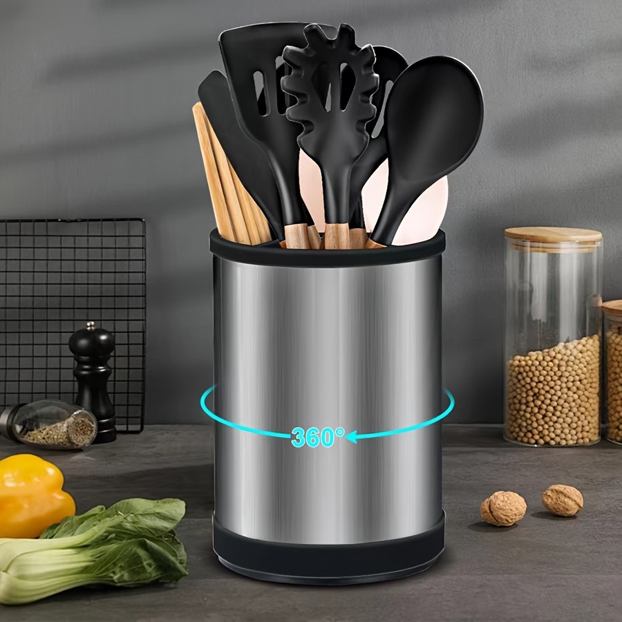 WIEZ Rotating Stainless Steel Utensil Holder – 360° Cutlery & Tool Organiser with Drainage and Dividers