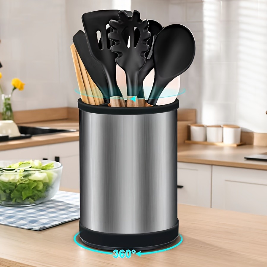 WIEZ Rotating Stainless Steel Utensil Holder – 360° Cutlery & Tool Organiser with Drainage and Dividers
