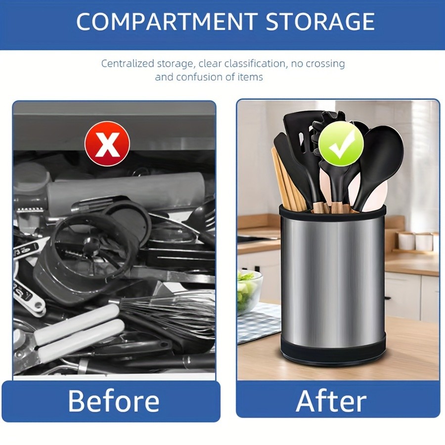 WIEZ Rotating Stainless Steel Utensil Holder – 360° Cutlery & Tool Organiser with Drainage and Dividers