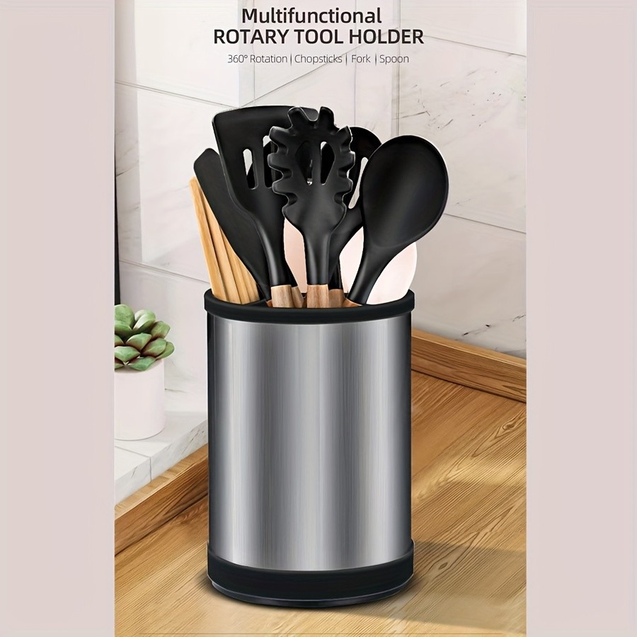 WIEZ Rotating Stainless Steel Utensil Holder – 360° Cutlery & Tool Organiser with Drainage and Dividers