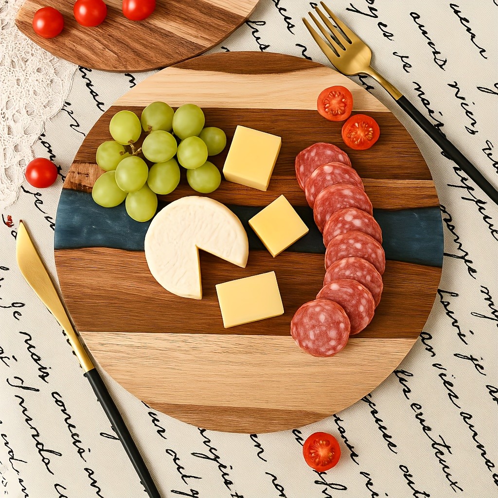 WIEZ Acacia Wood Round Cutting Board – Natural Food-Safe Serving & Grilling Tray for Home and Restaurant Use