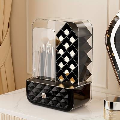 Plastic Cosmetic Organizer Box – Compact Makeup Storage with Brush & Lipstick Holders