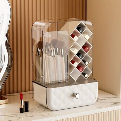 Plastic Cosmetic Organizer Box – Compact Makeup Storage with Brush & Lipstick Holders